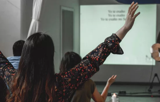 The back of a person with long hair is pictured with their arms raised. Song lyrics can be seen on the screen behind them.